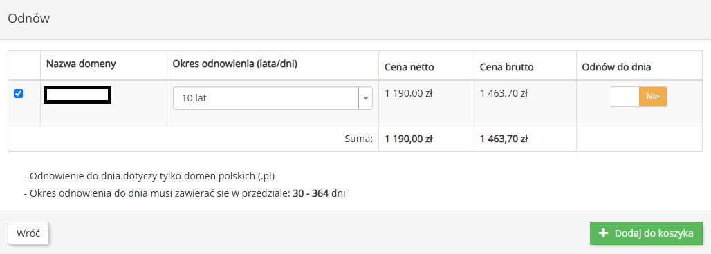 Odnowienie domeny na 10 lat
