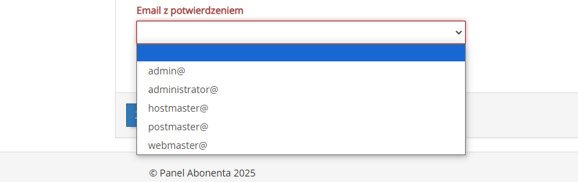 Opcje adresu e-mail, na który może zostać wysłane potwierdzenie zamówienia certyfikatu SSL dla domeny