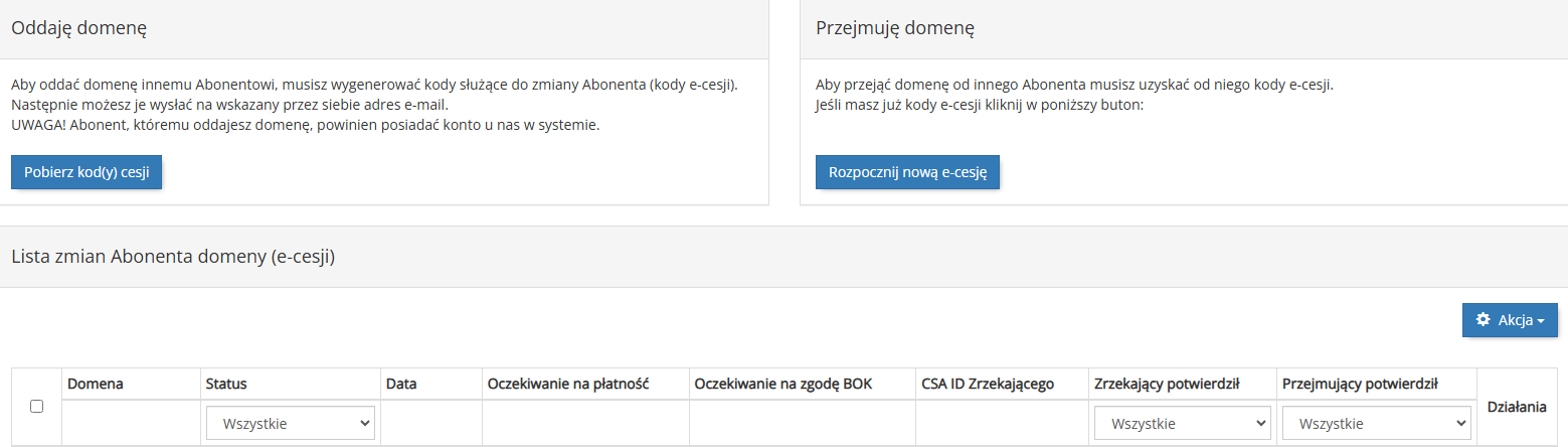 Cesje domen z/do konta Abonenta