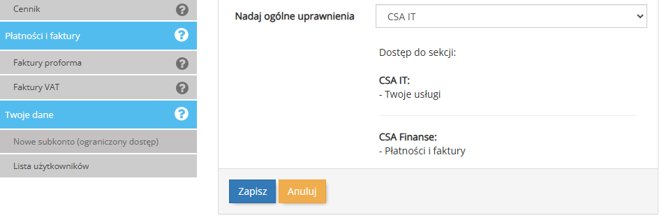 Uprawnienia dla użytkowników konta