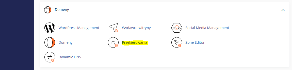 Link do przekierowań domeny w cPanelu